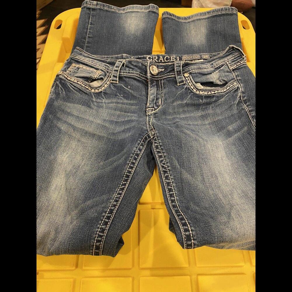 Women's GRACE in LA Blue Boot Cut Embellished Denim Jeans sz 28